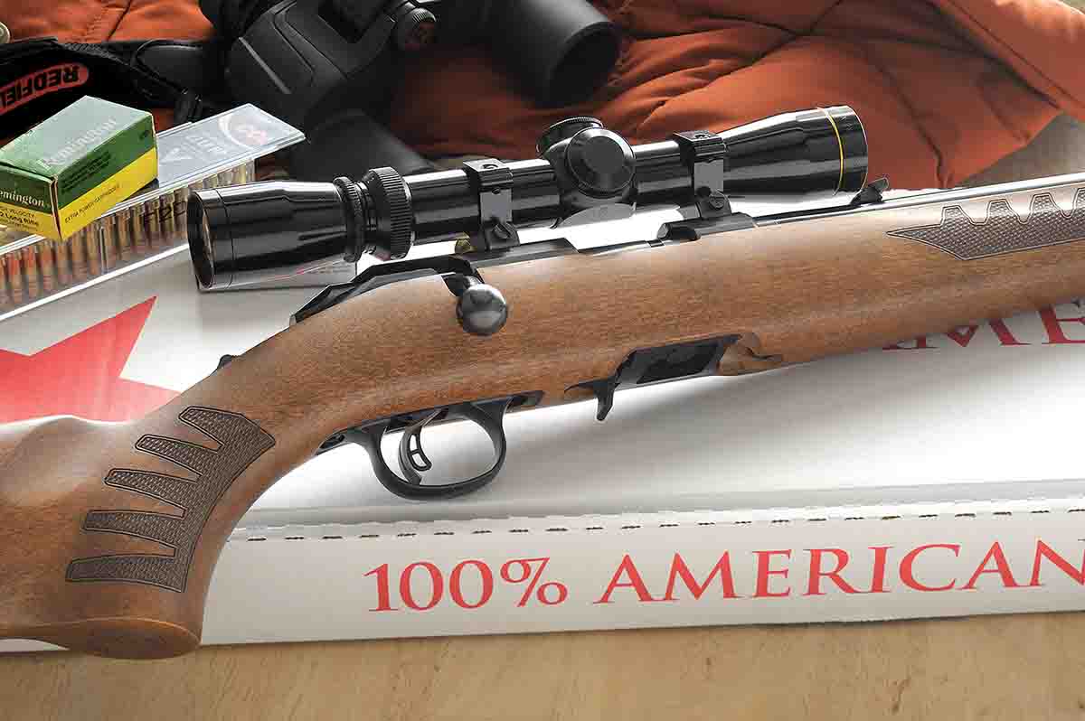 The Ruger American Rimfire was set up for accuracy testing with a Bushnell rimfire scope set in “tip-off” rings.